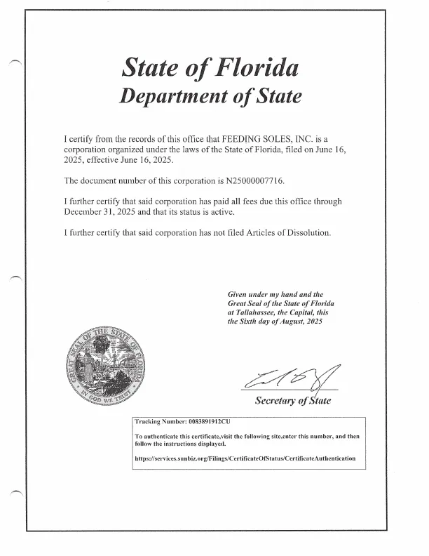 Feeding Soles Certificate of Status 2025